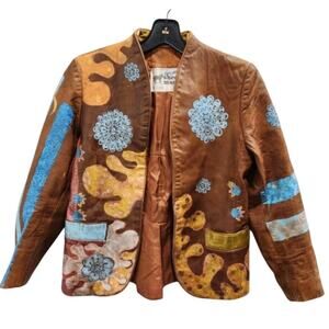 RARE Vintage Sheep Mates Hand-Painted‎ Floral Leather Boho Jacket  Size XS/S